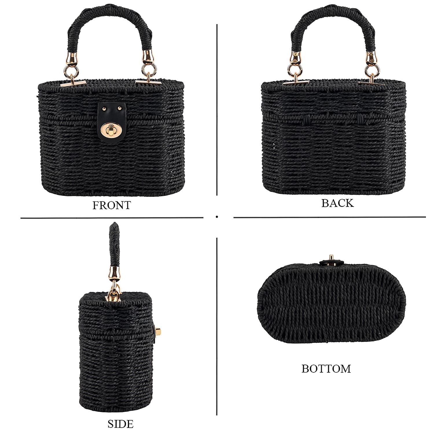Vintage Style Straw Box Bag with Twist-Lock Clasp - Gold Chain Strap - Black