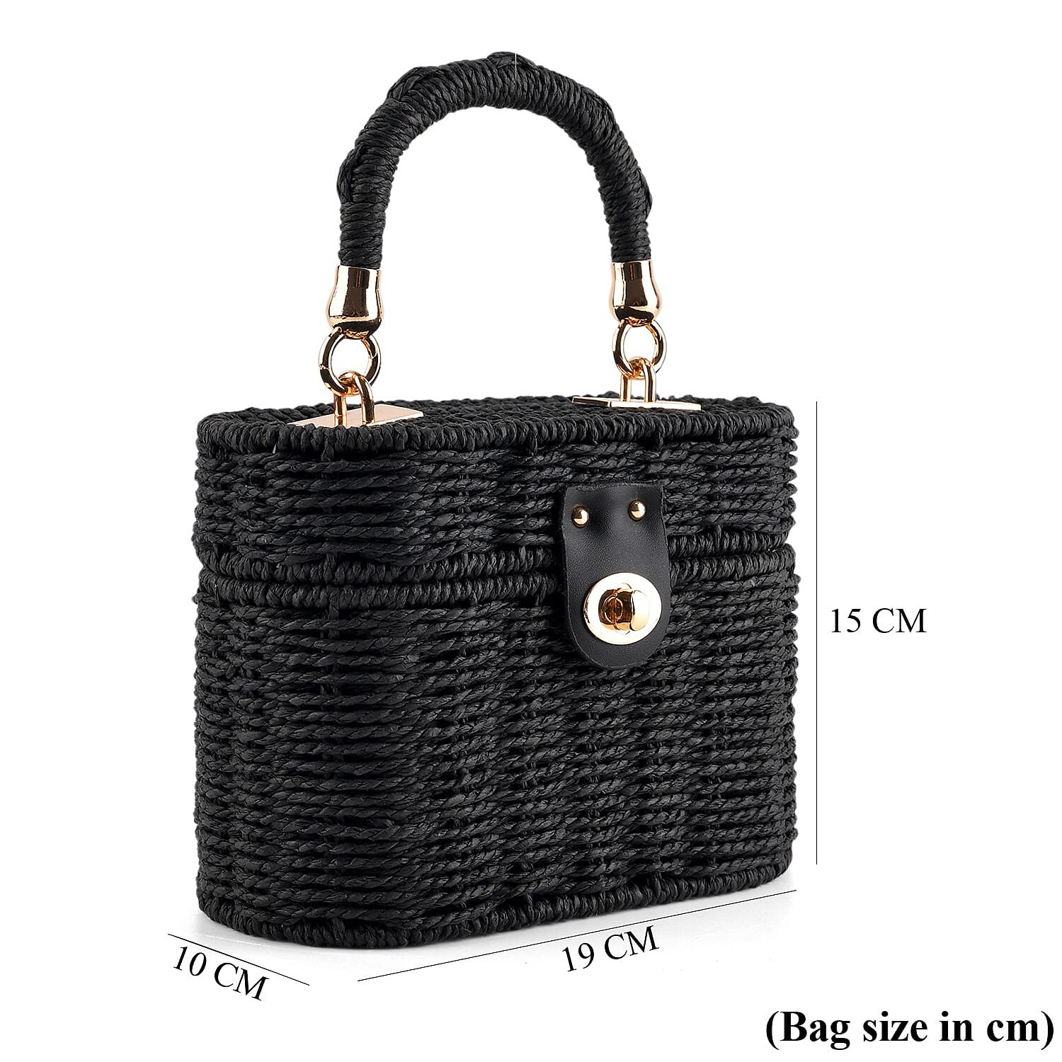 Vintage Style Straw Box Bag with Twist-Lock Clasp - Gold Chain Strap - Black
