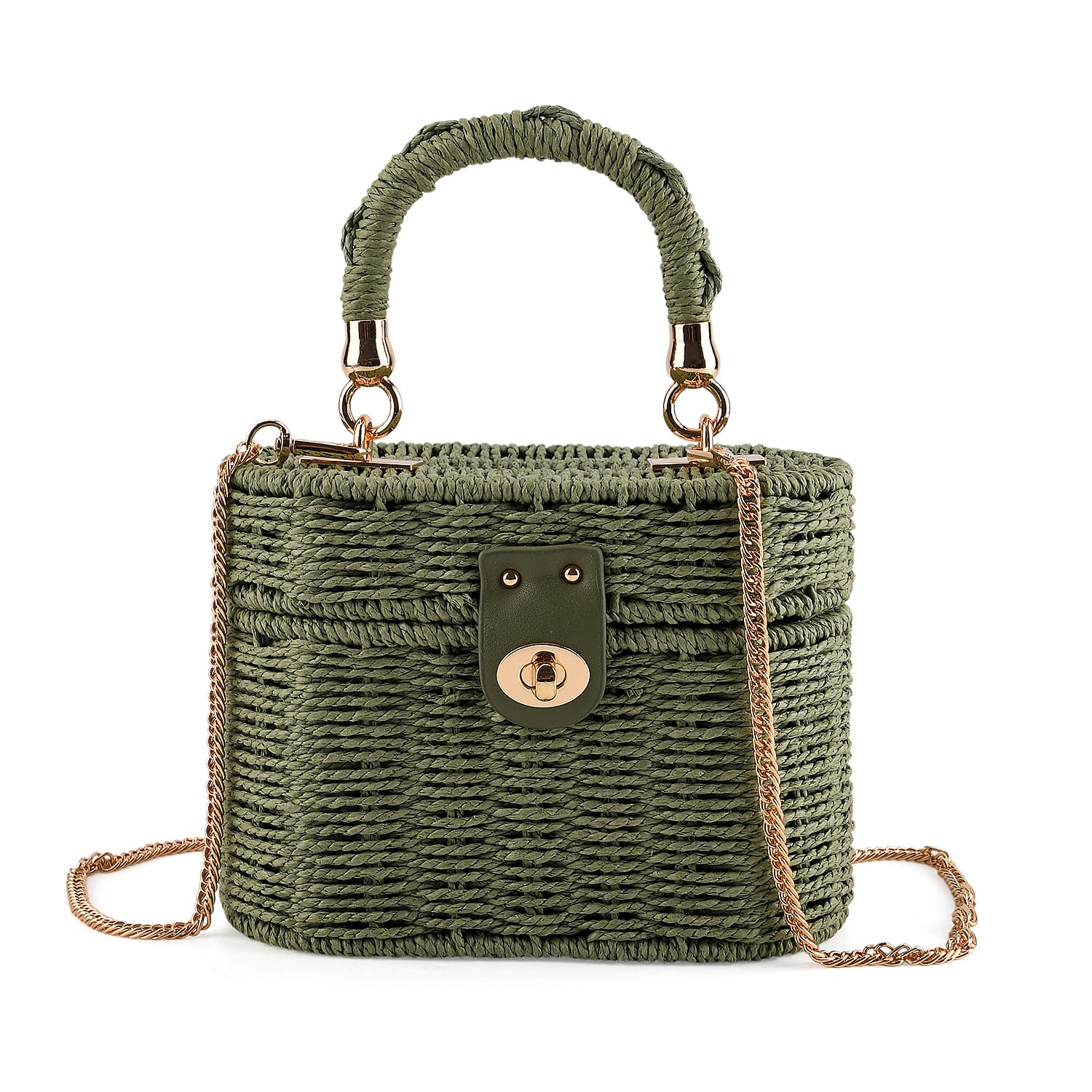 Vintage Style Straw Box Bag with Twist-Lock Clasp - Gold Chain Strap - Green