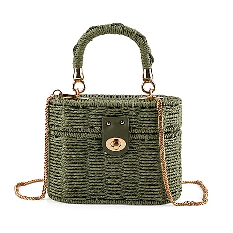 Vintage Style Straw Box Bag with Twist-Lock Clasp - Gold Chain Strap - Green