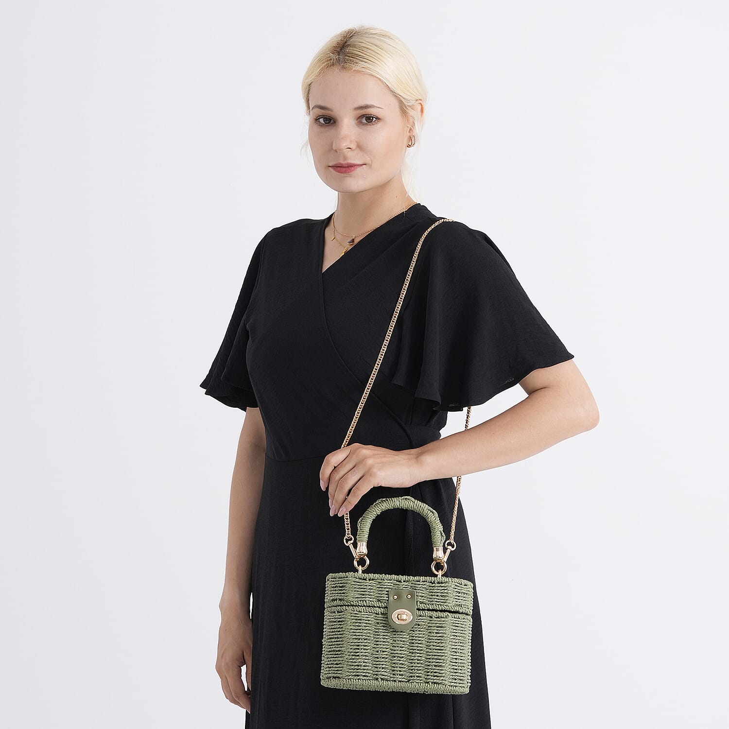 Vintage Style Straw Box Bag with Twist-Lock Clasp - Gold Chain Strap - Green