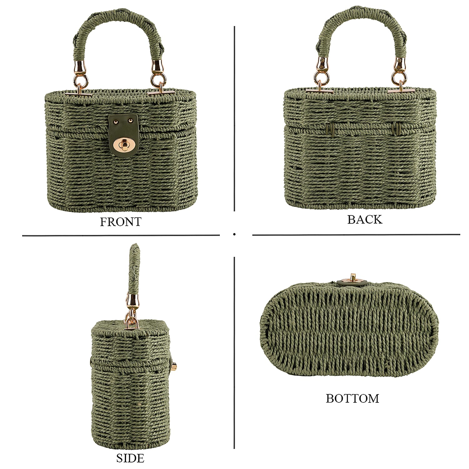 Vintage Style Straw Box Bag with Twist-Lock Clasp - Gold Chain Strap - Green