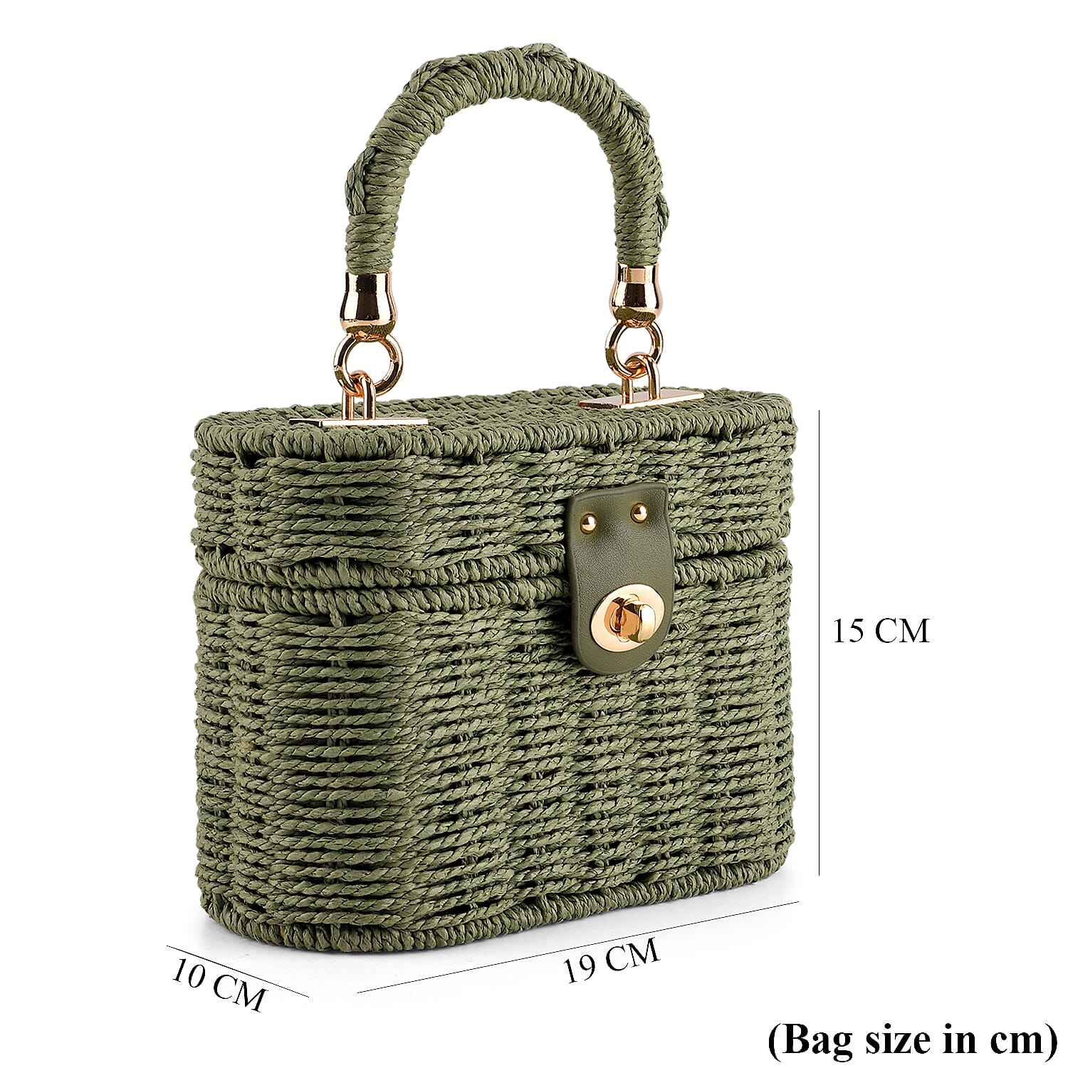 Vintage Style Straw Box Bag with Twist-Lock Clasp - Gold Chain Strap - Green