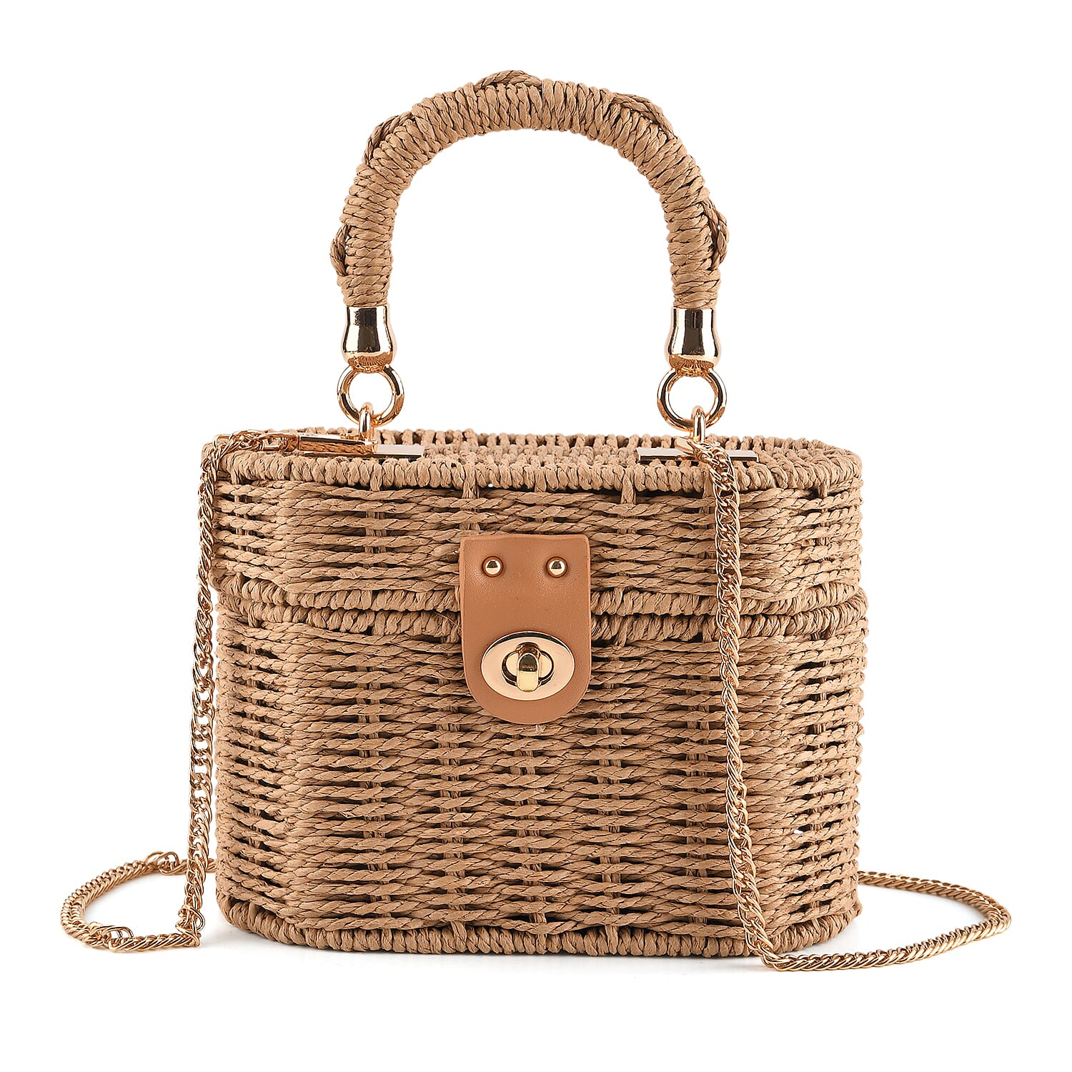 Vintage Style Straw Box Bag with Twist-Lock Clasp - Gold Chain Strap - Brown