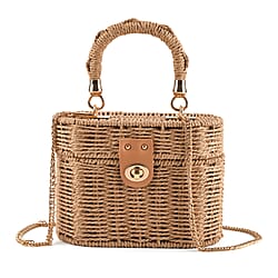 Vintage Style Straw Box Bag with Twist-Lock Clasp - Gold Chain Strap - Beige