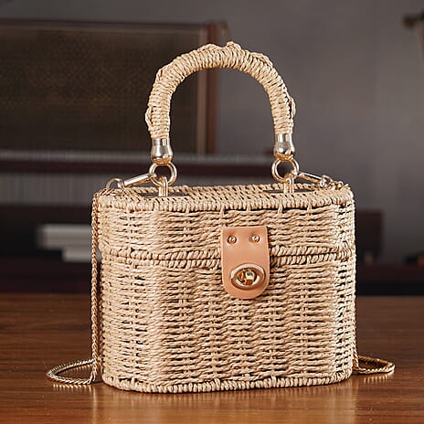 Vintage Style Straw Box Bag with Twist-Lock Clasp & Gold Chain Strap - Brown