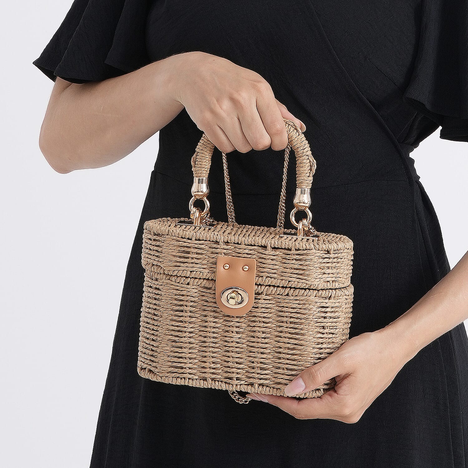 Vintage Style Straw Box Bag with Twist-Lock Clasp - Gold Chain Strap - Brown
