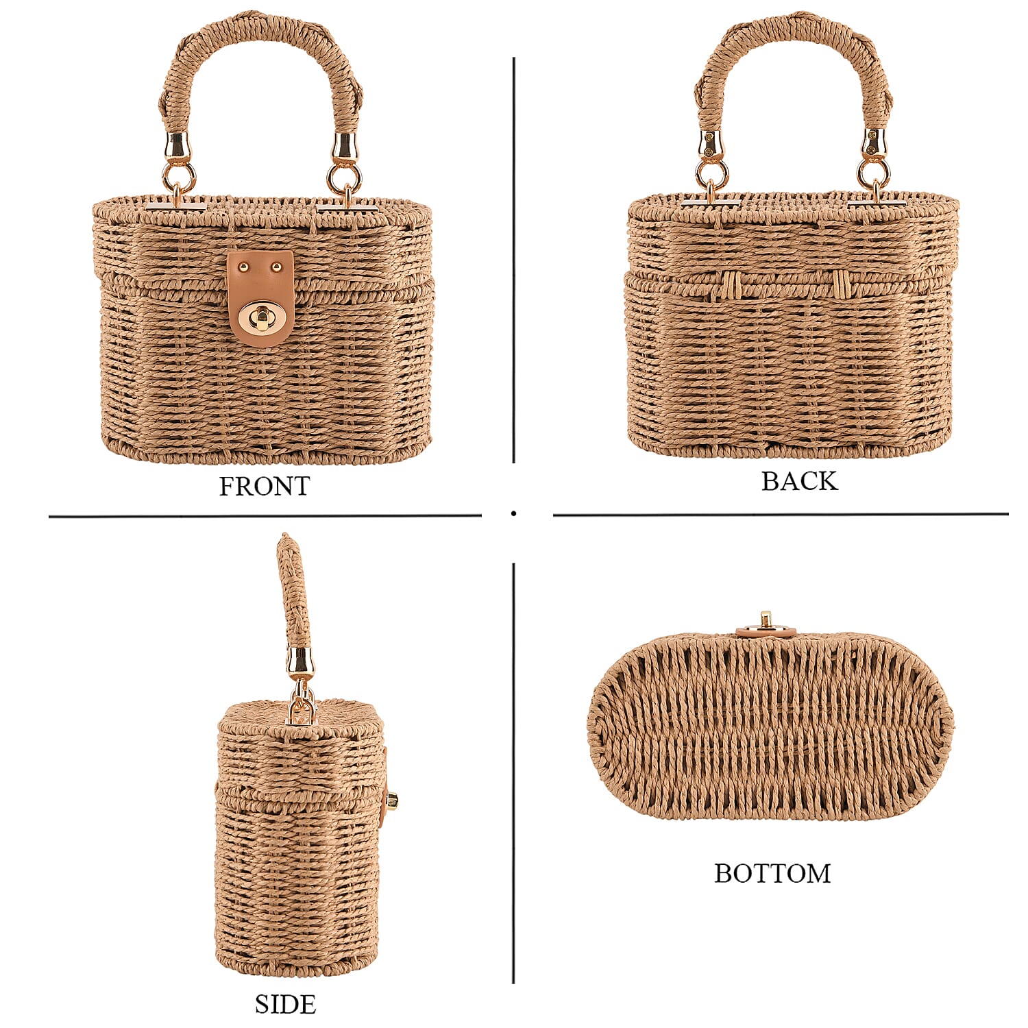 Vintage Style Straw Box Bag with Twist-Lock Clasp - Gold Chain Strap - Brown