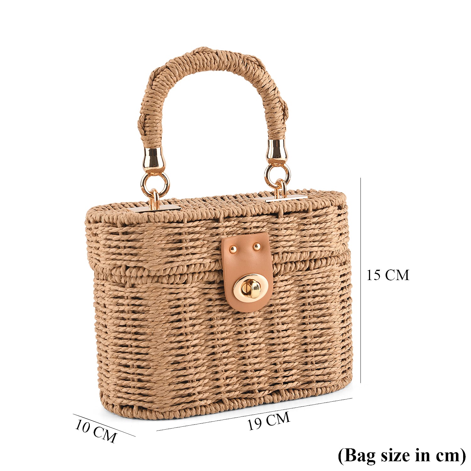 Vintage Style Straw Box Bag with Twist-Lock Clasp - Gold Chain Strap - Brown