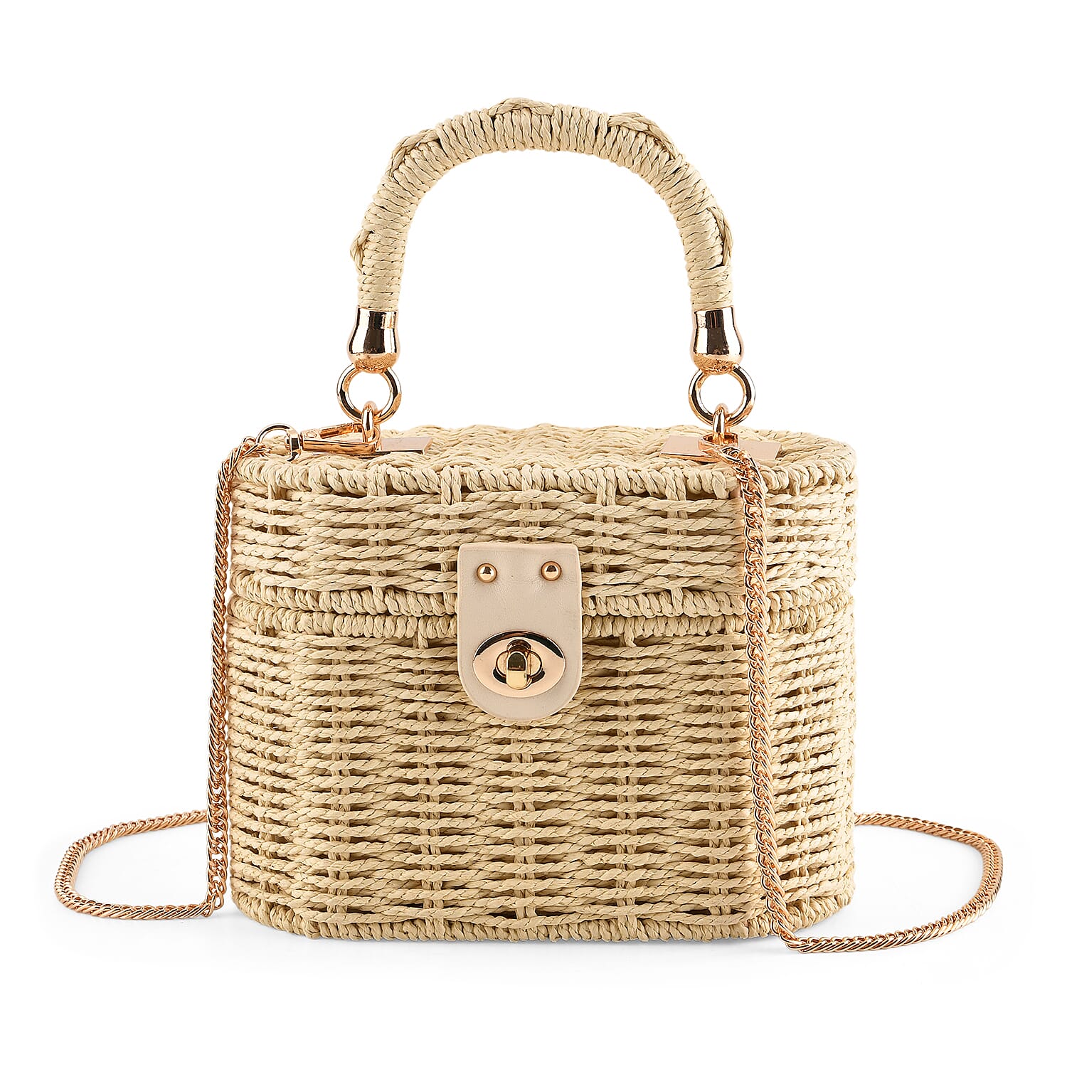 Vintage Style Straw Box Bag with Twist-Lock Clasp - Gold Chain Strap - Beige