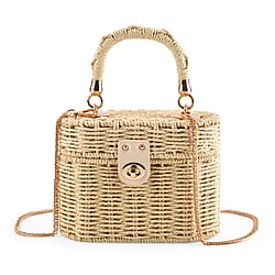 Vintage Style Straw Box Bag with Twist-Lock Clasp - Gold Chain Strap - Beige