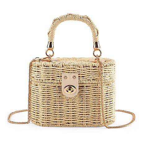 Vintage Style Straw Box Bag with Twist-Lock Clasp - Gold Chain Strap - Beige