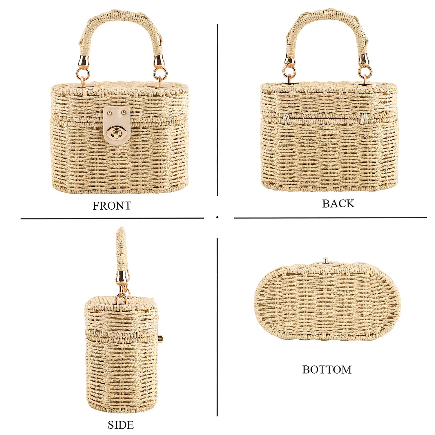 Vintage Style Straw Box Bag with Twist-Lock Clasp - Gold Chain Strap - Beige