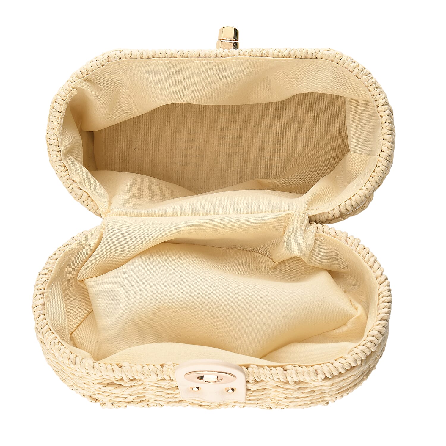 Vintage Style Straw Box Bag with Twist-Lock Clasp - Gold Chain Strap - Beige