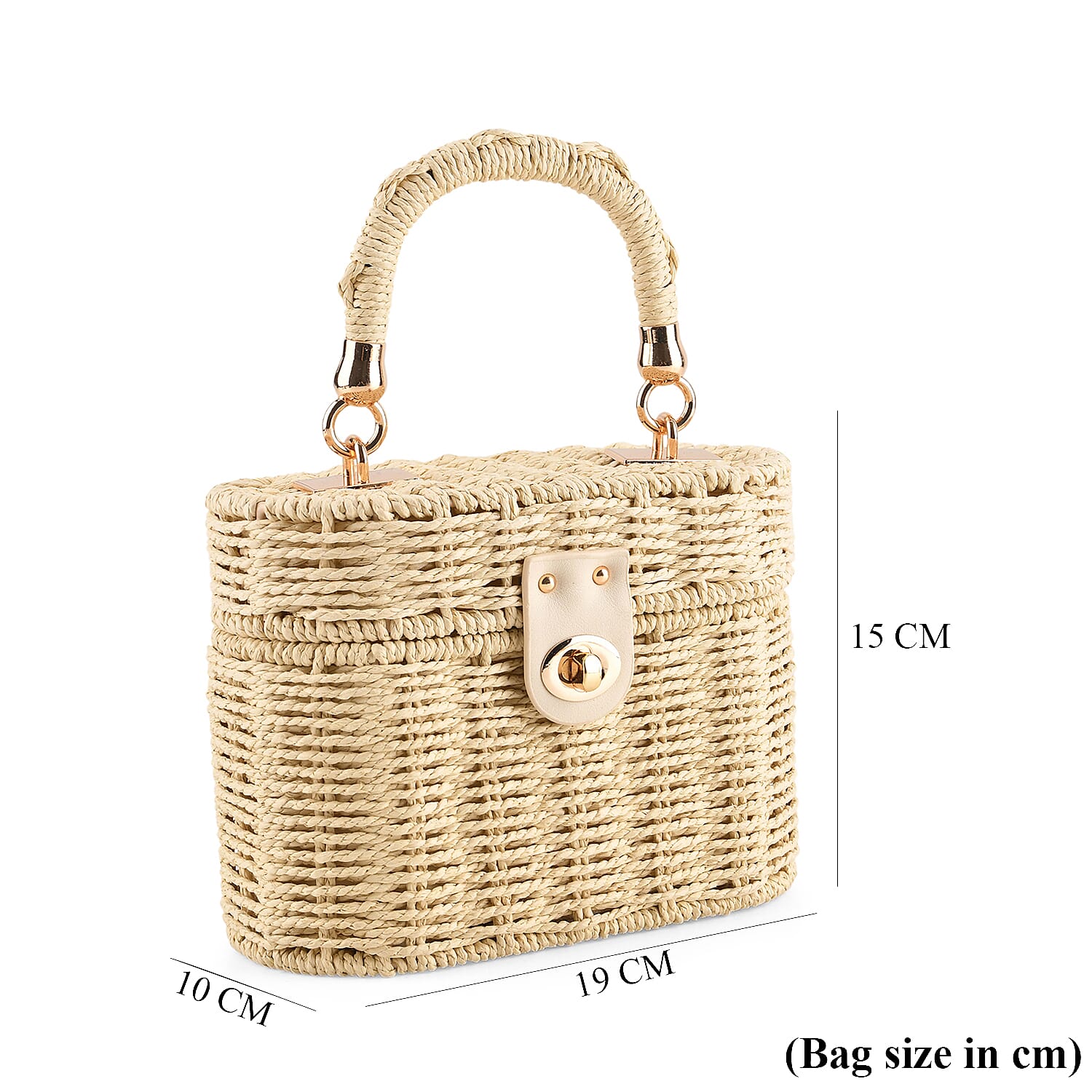 Vintage Style Straw Box Bag with Twist-Lock Clasp - Gold Chain Strap - Beige