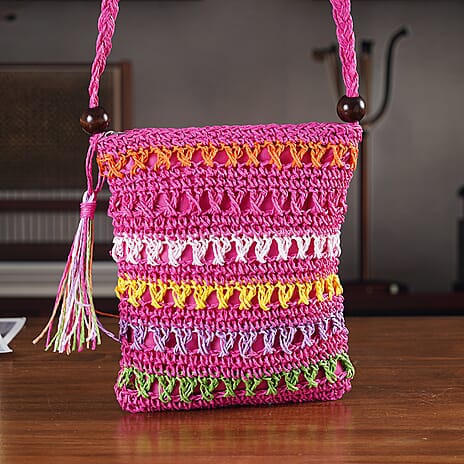 Multi-Colour Striped Crochet Messenger Crossbody Bag - Pink