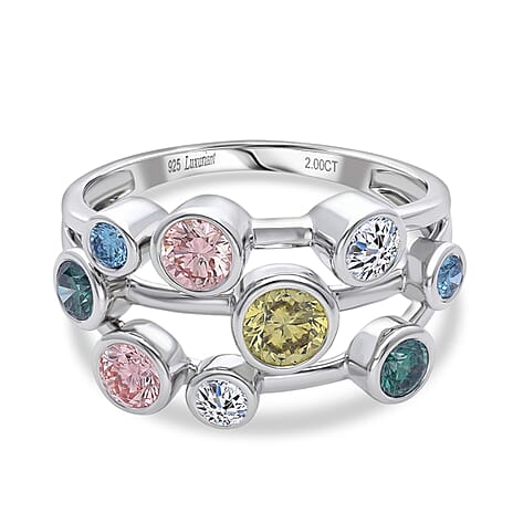 Luxuriant SI-G-H Lab Grown Yellow Diamond & Multi Gemstones Bubble Ring in Rhodium Overlay Sterling Silver 2.00 Ct.