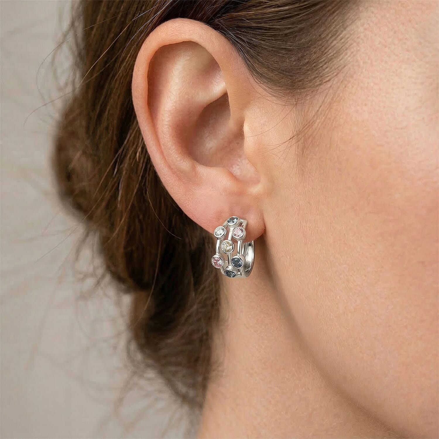 Luxuriant SI-G-H Lab Grown Yellow Diamond & Multi Gemstones Bubble Hoop Lock Earring in Rhodium Overlay Sterling Silver 2.00 Ct.