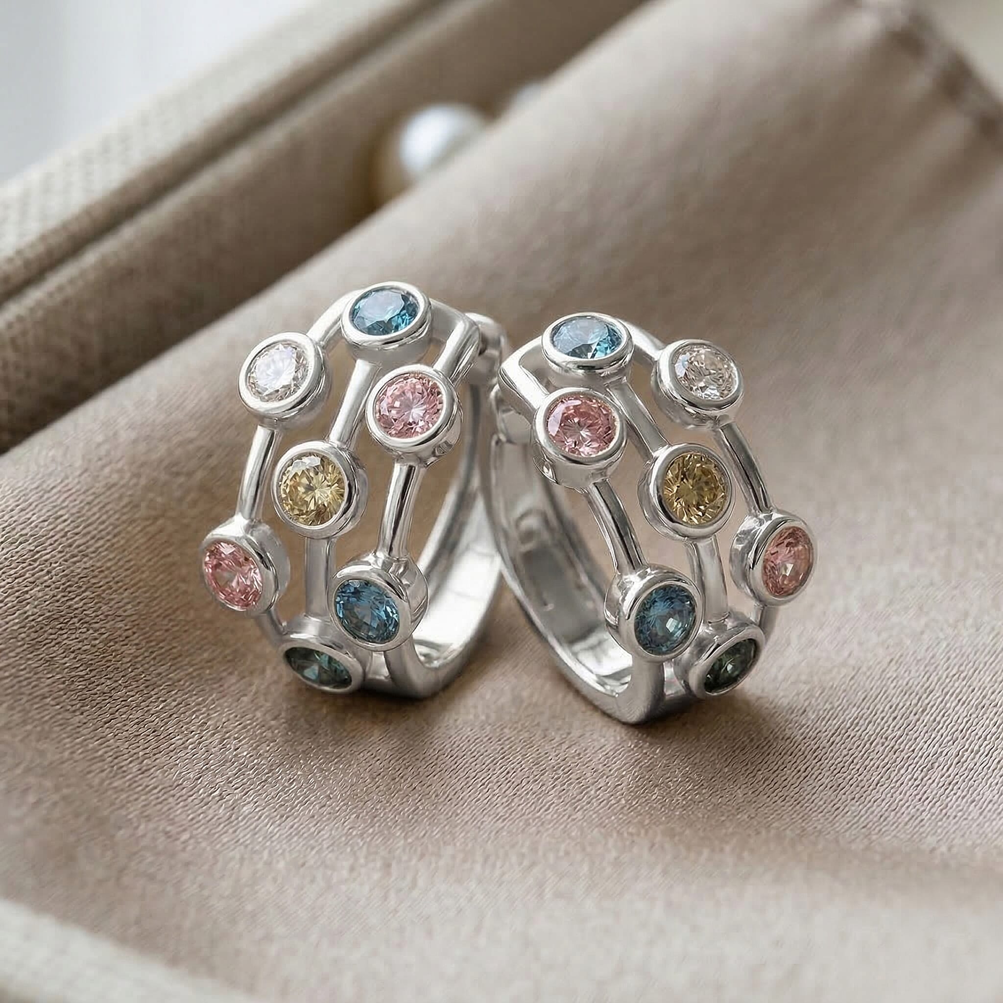 Luxuriant SI-G-H Lab Grown Yellow Diamond & Multi Gemstones Bubble Hoop Lock Earring in Rhodium Overlay Sterling Silver 2.00 Ct.