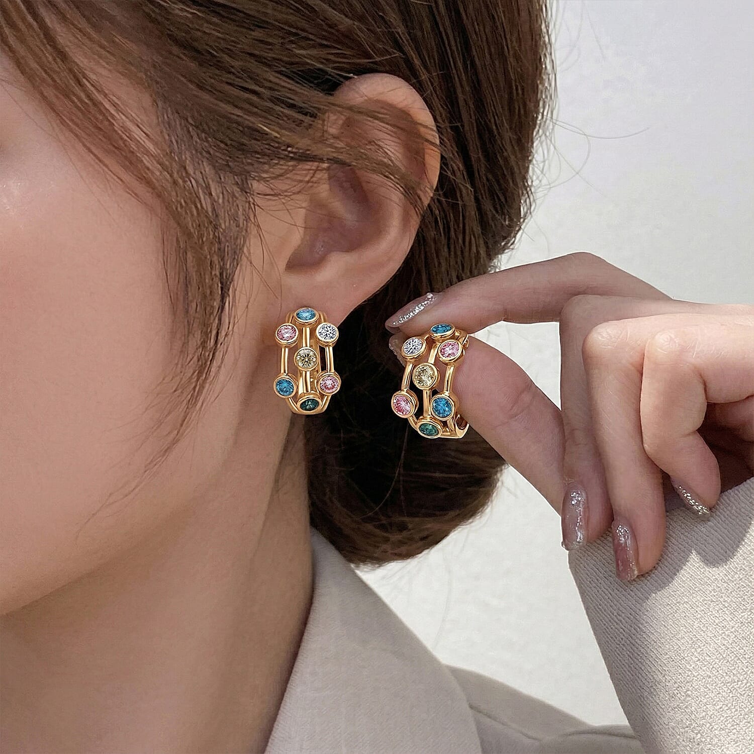 The Effervescent Watercolour Diamond Bubble Earrings Set with 2.00cts of Si Clarity Lab Grown Yellow, Pink, White, Green & Blue Diamonds