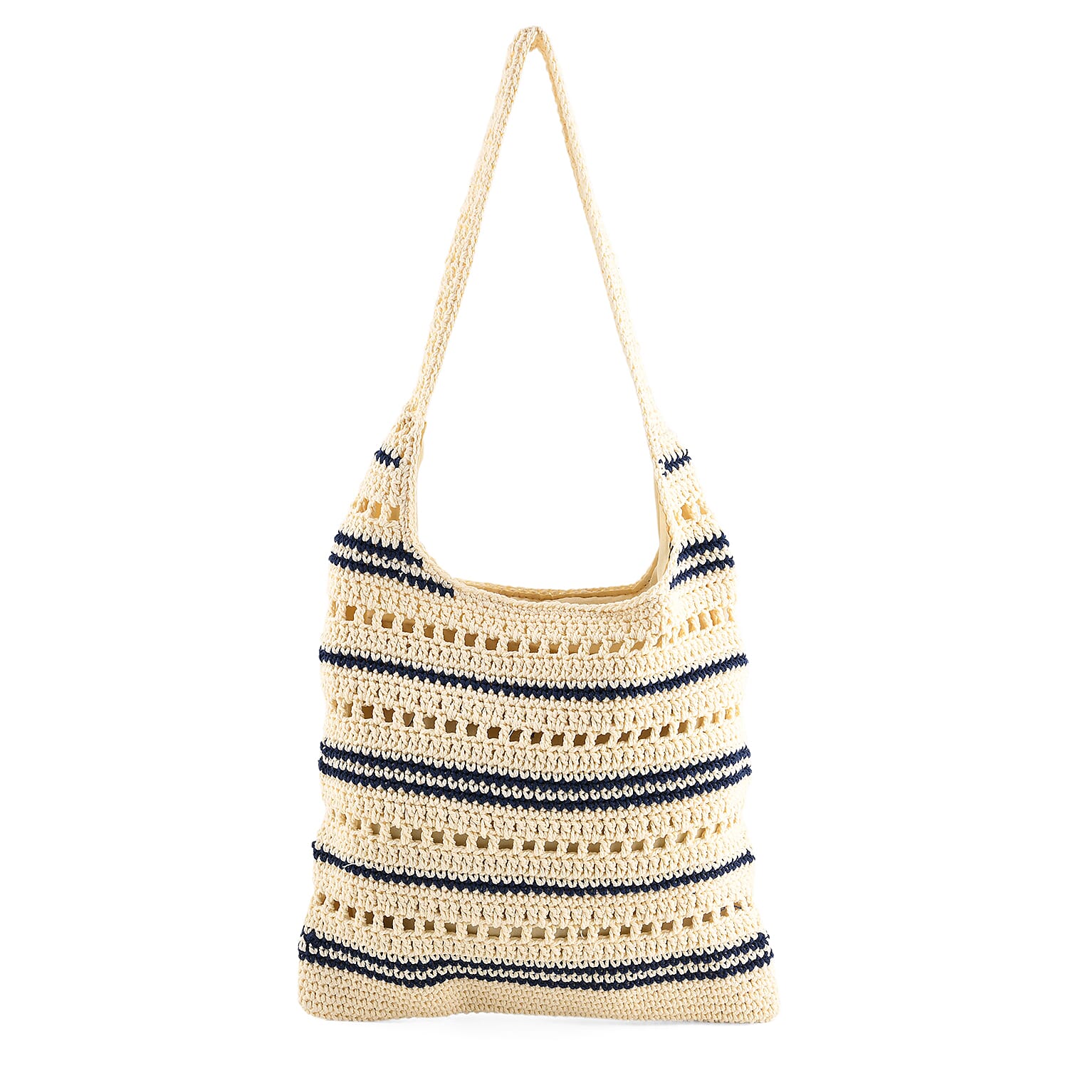 Striped Crochet Design Slouchy Tote Bag - Cream - Blue