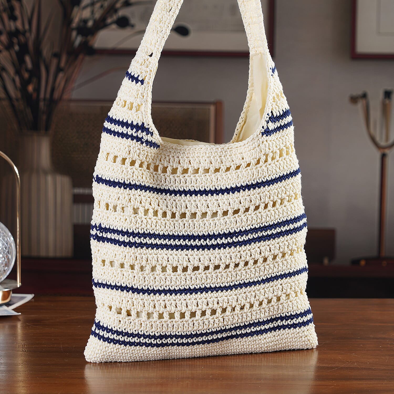 Striped Crochet Design Slouchy Tote Bag - Cream - Blue