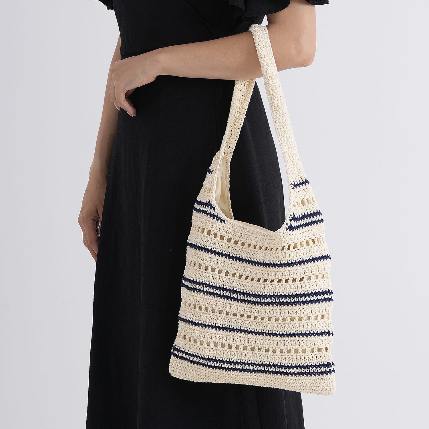 Striped Crochet Design Slouchy Tote Bag - Cream - Blue