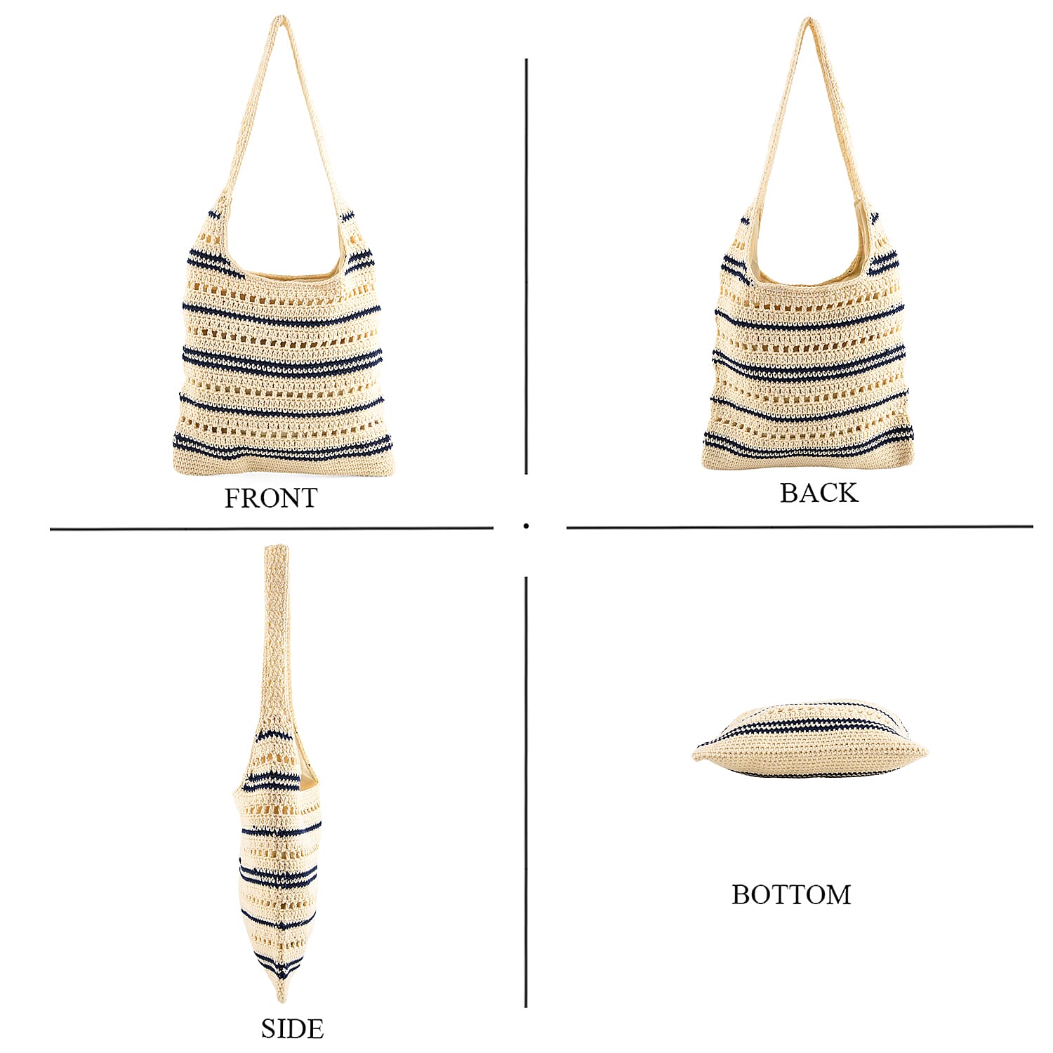 Striped Crochet Design Slouchy Tote Bag - Cream - Blue