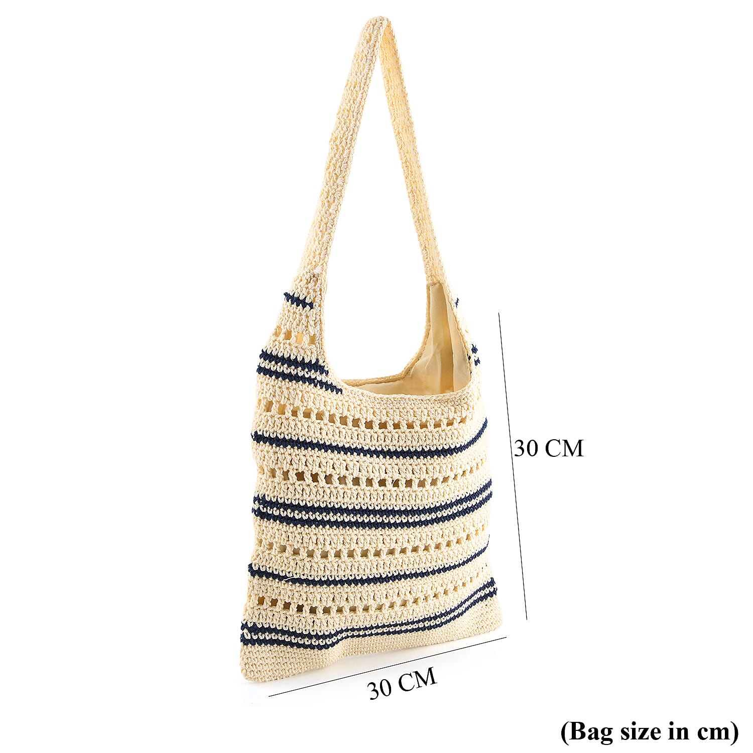 Striped Crochet Design Slouchy Tote Bag - Cream - Blue