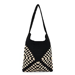 Striped Crochet Design Slouchy Tote Bag - Cream - Blue