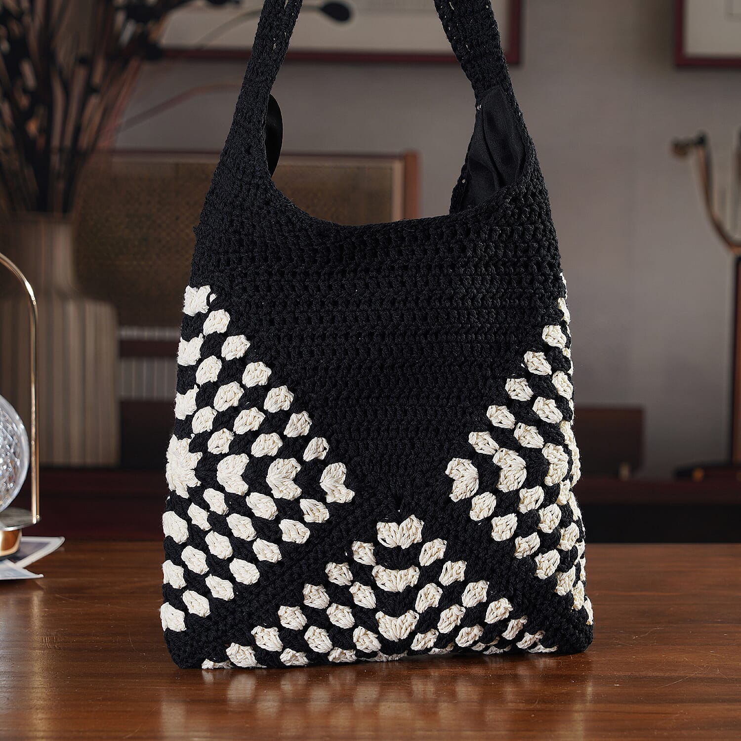 Granny Square Pattern Crochet Slouchy Tote Bag - Black White