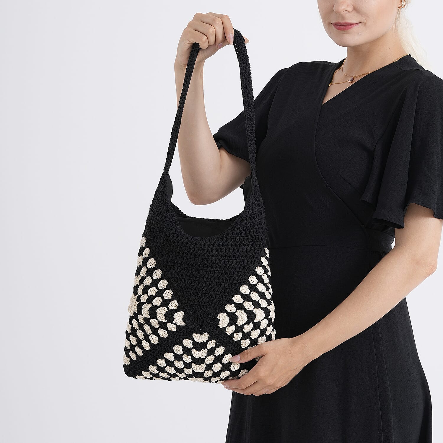 Granny Square Pattern Crochet Slouchy Tote Bag - Black White