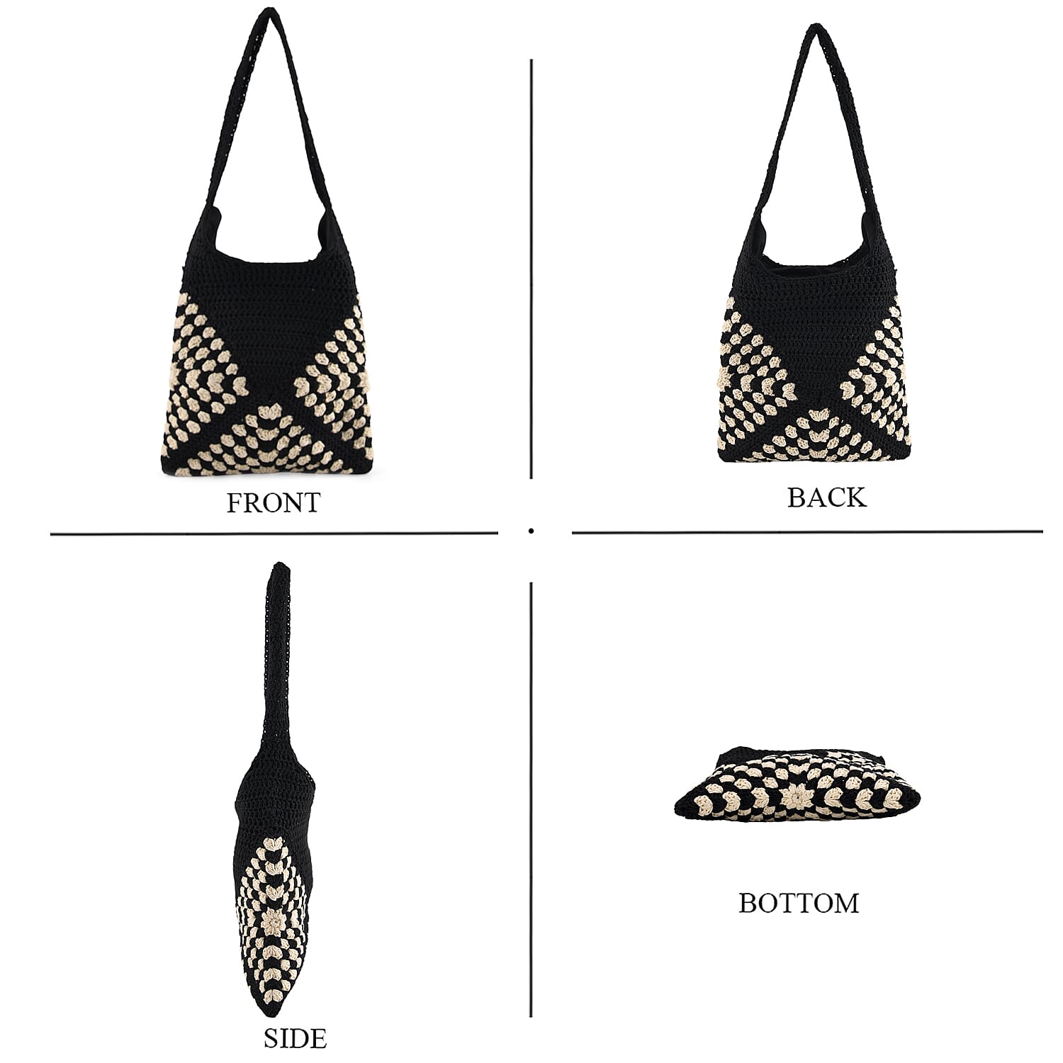 Granny Square Pattern Crochet Slouchy Tote Bag - Black White