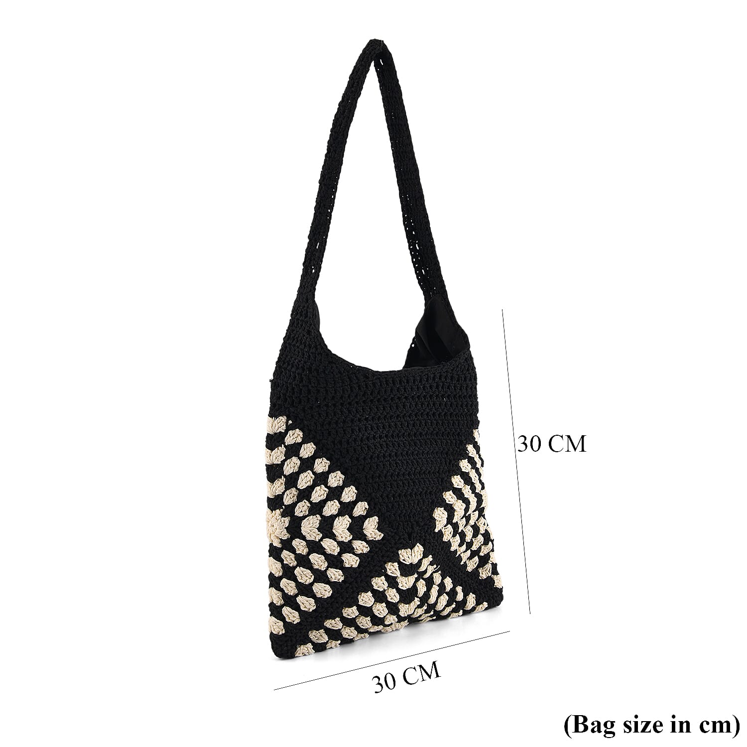 Granny Square Pattern Crochet Slouchy Tote Bag - Black White