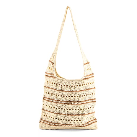 Striped Crochet Design Slouchy Tote Bag - Cream & Brown