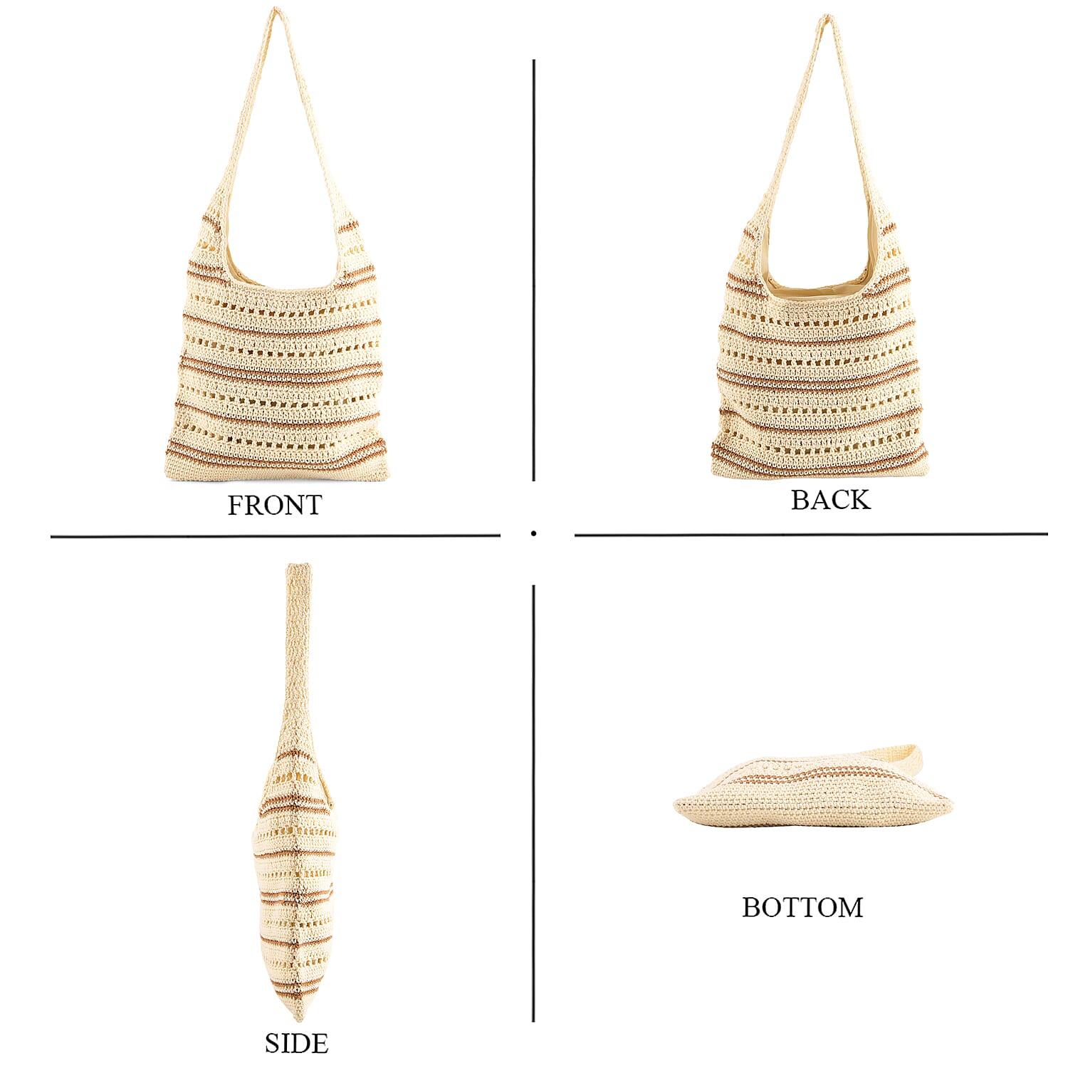 Striped Crochet Design Slouchy Tote Bag - Cream & Brown