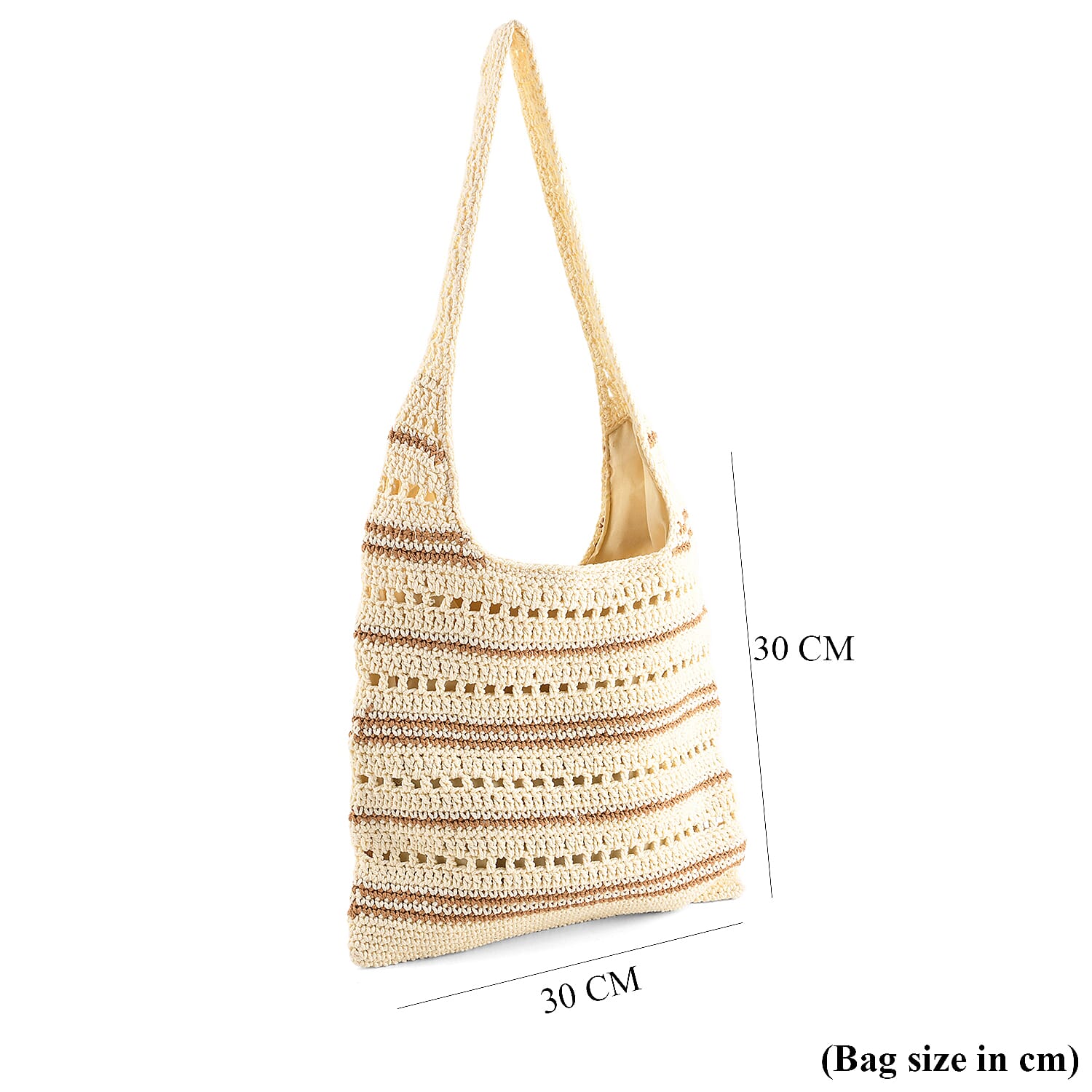 Striped Crochet Design Slouchy Tote Bag - Cream & Brown