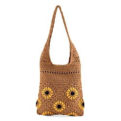 Striped Crochet Design Slouchy Tote Bag - Cream - Blue