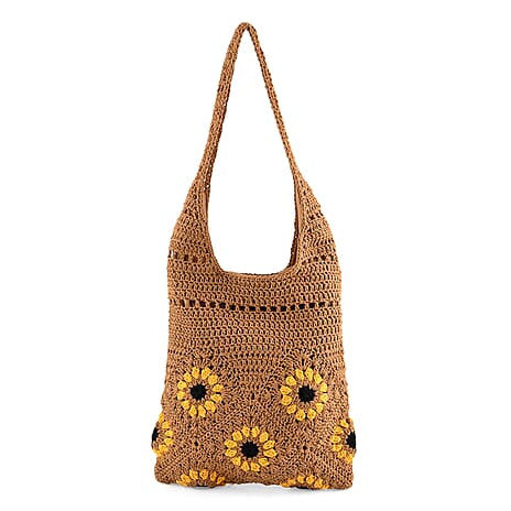 Floral Crochet Slouchy Tote Bag - Brown