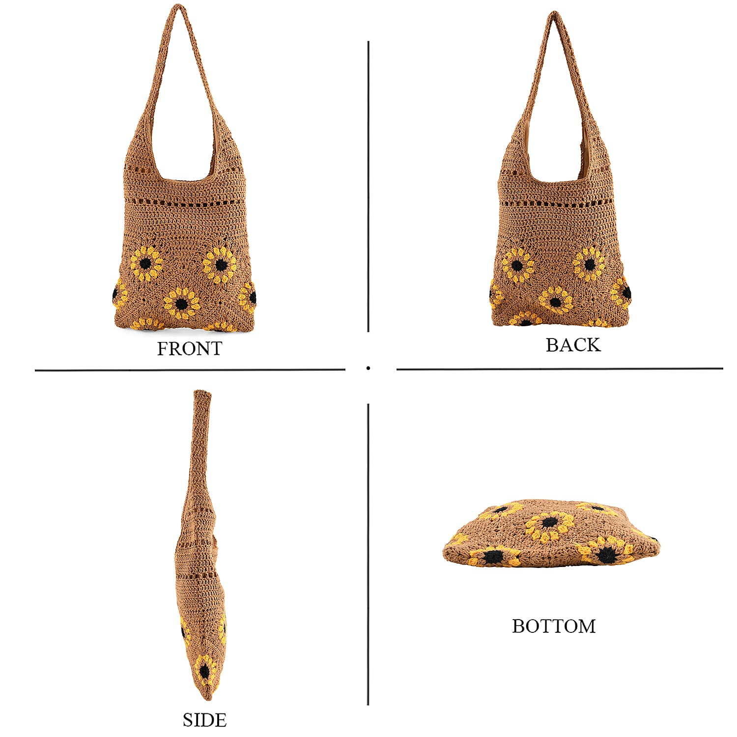 Floral Crochet Slouchy Tote Bag - Brown