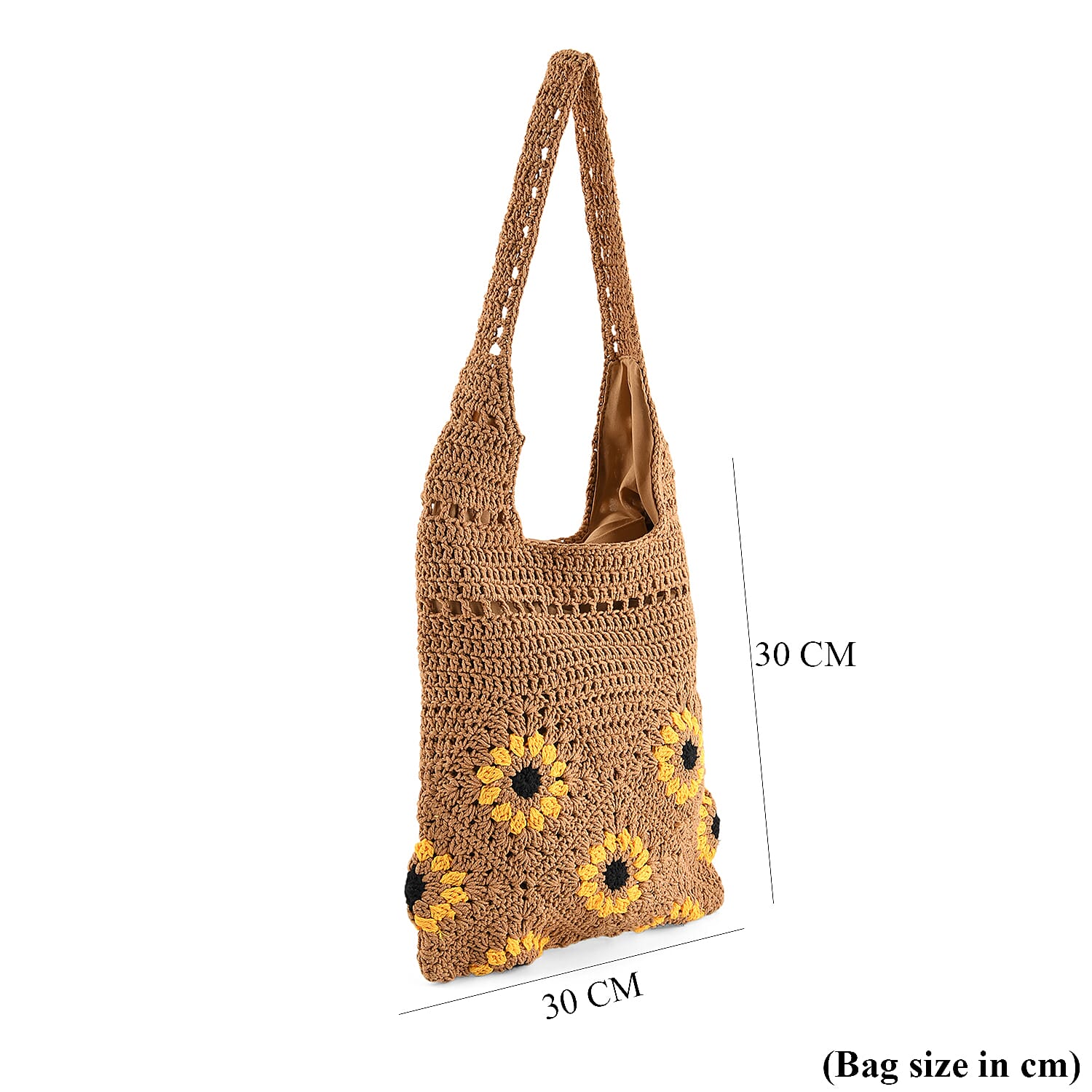 Floral Crochet Slouchy Tote Bag - Brown