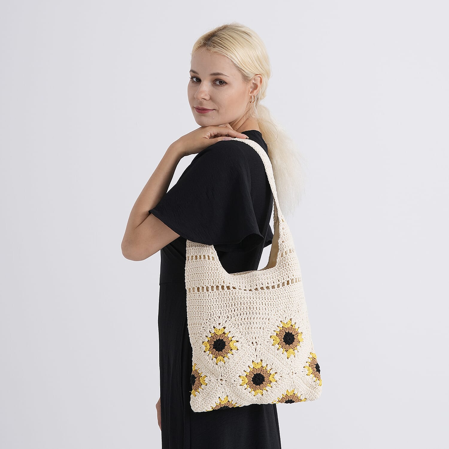 Floral Crochet Slouchy Tote Bag - Cream