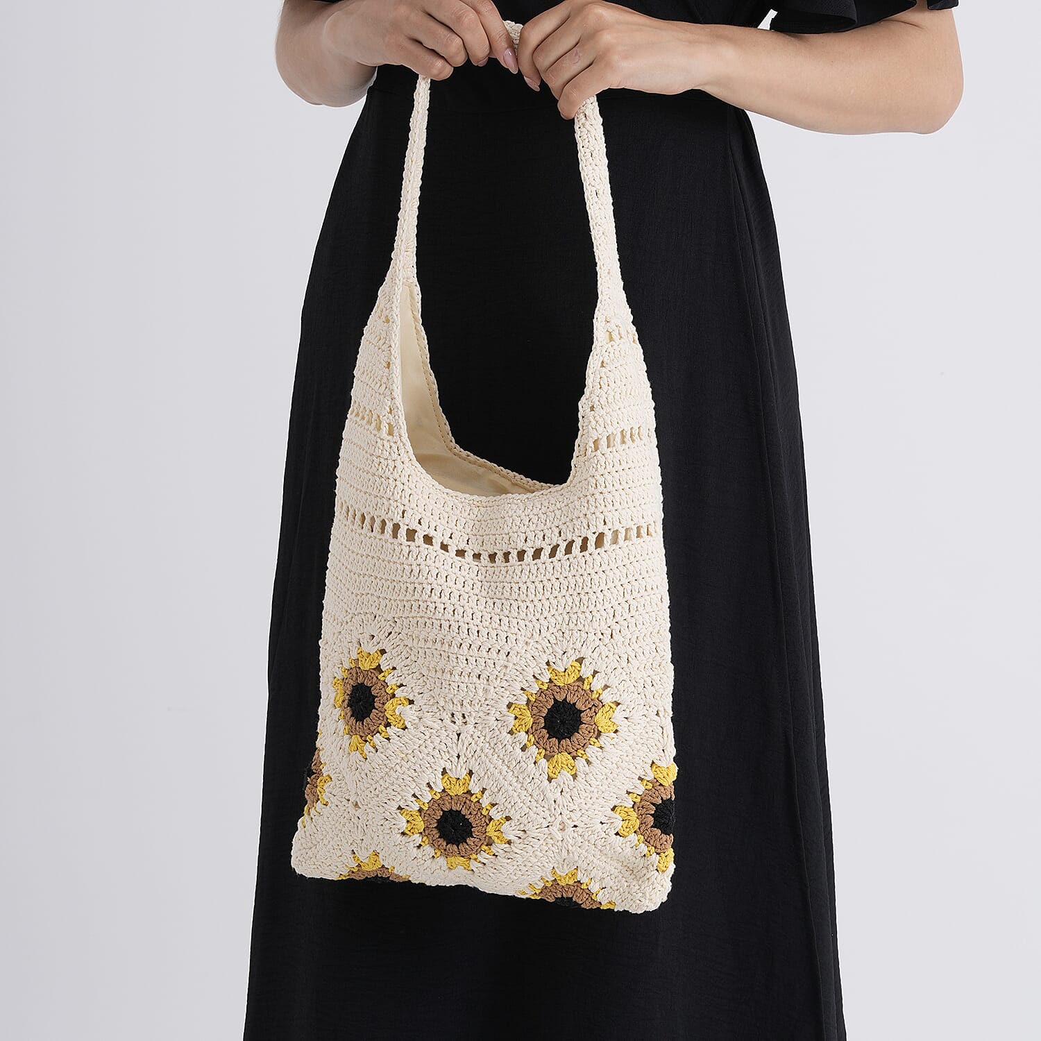 Floral Crochet Slouchy Tote Bag - Cream