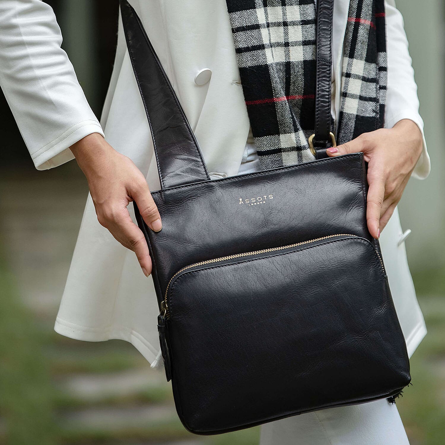 Assots London Canary Black Vintage Leather Sling Crossbody Bag