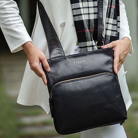 Assots London Canary Black Vintage Leather Sling Crossbody Bag