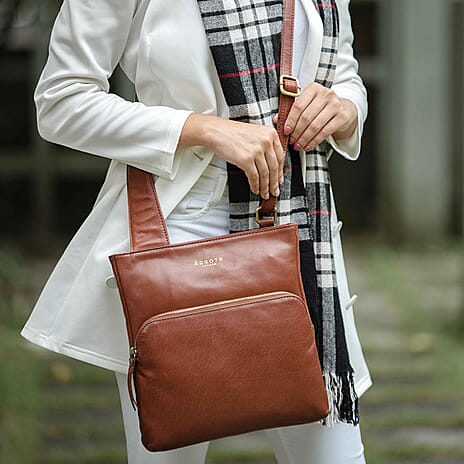 Assots London Canary Brown Vintage Leather Sling Crossbody Bag