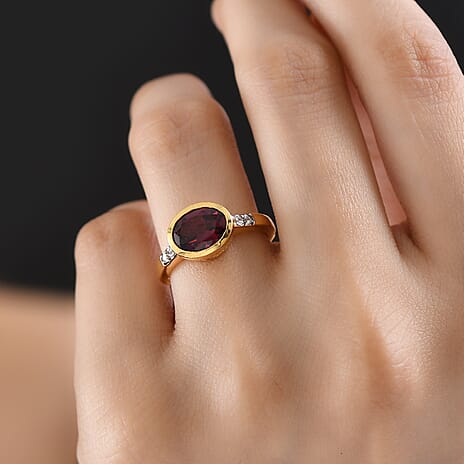 D'Joy Rhodolite Garnet & White Zircon Solitaire Ring in Yellow Gold Plated Sterling Silver 2.34 Ct.