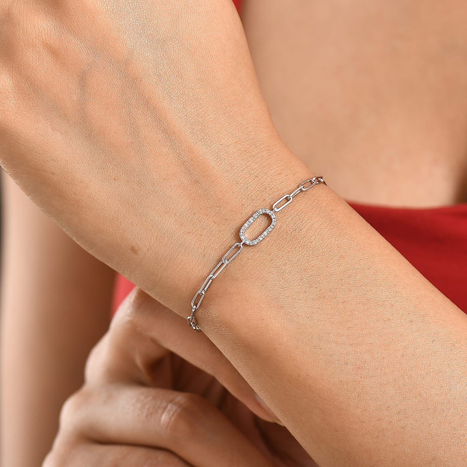 Luxuriant SI-G-H Lab Grown Diamond Paper Clip Bracelet (Size - 7.5) in Platinum Overlay Sterling Silver