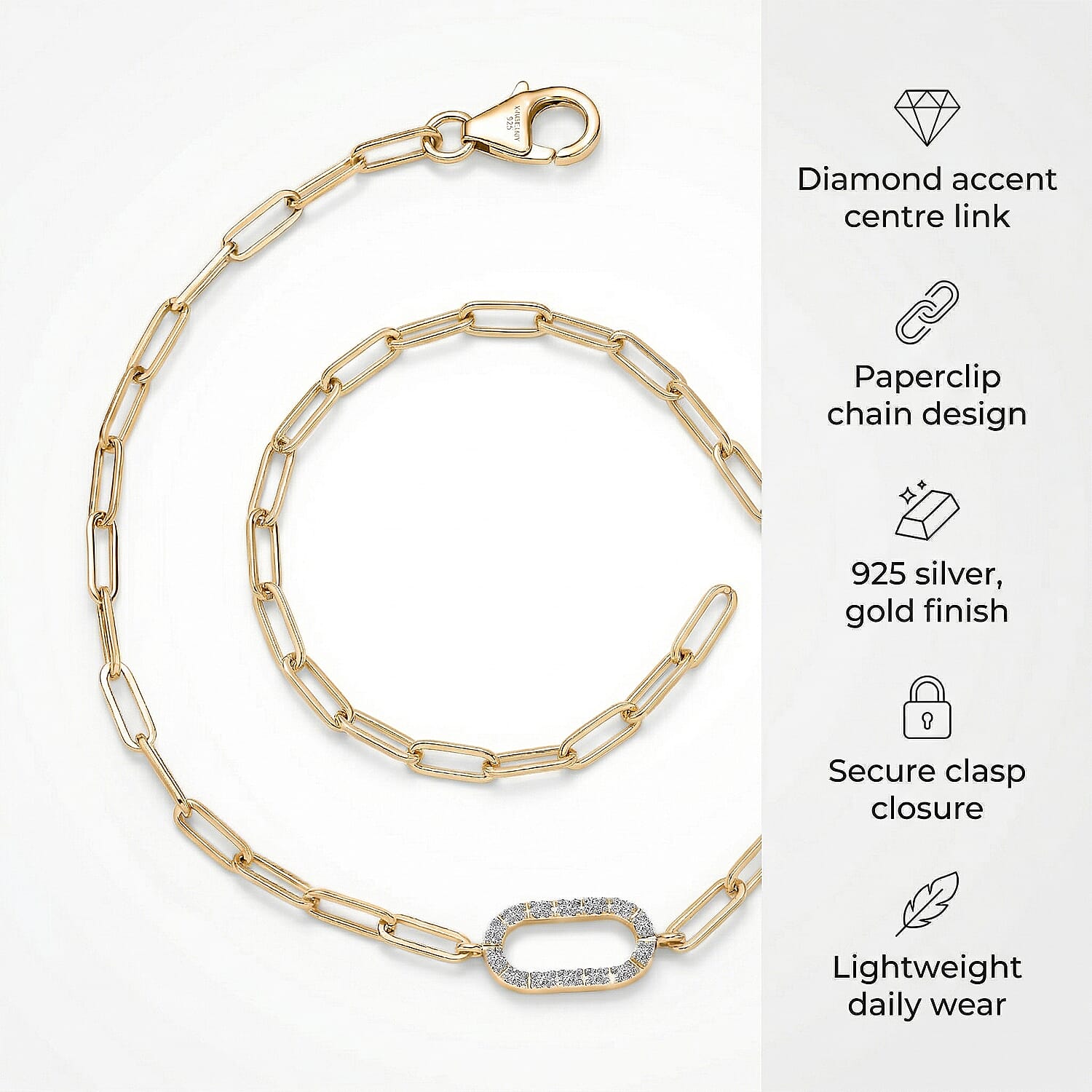 Luxuriant SI-G-H Lab Grown Diamond Paper Clip Bracelet (Size - 7.5) in Yellow Gold Plated Sterling Silver