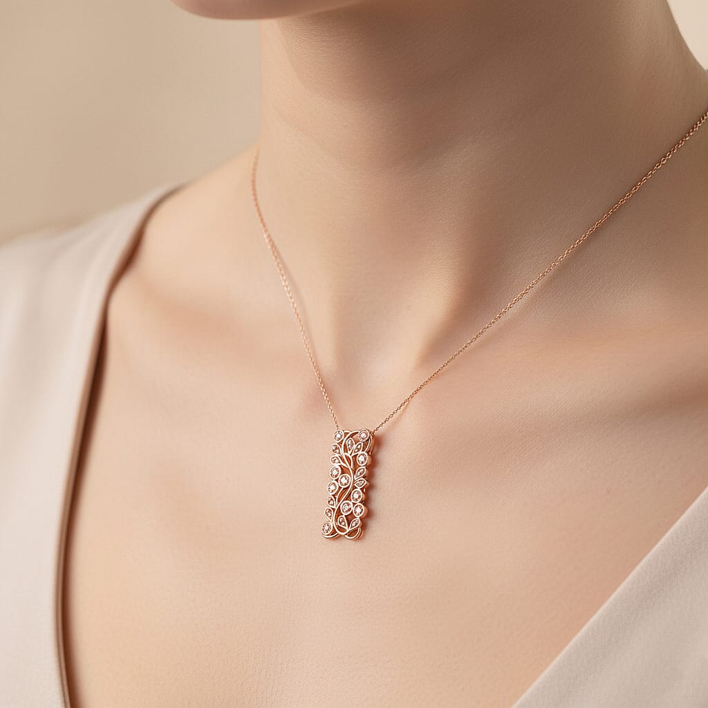 D'Joy Natural Pink Diamond Leaf Vine Pendant in 18K Vermeil Rose Gold Plated Sterling Silver